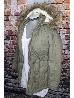 Gap Military Utility Army Field Jacket Sherpa Parka Fur Hood OD Green Wmn Small